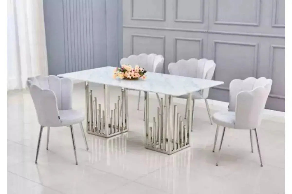 Table à manger marbre blanc argent RITA Swedzo-Meuble