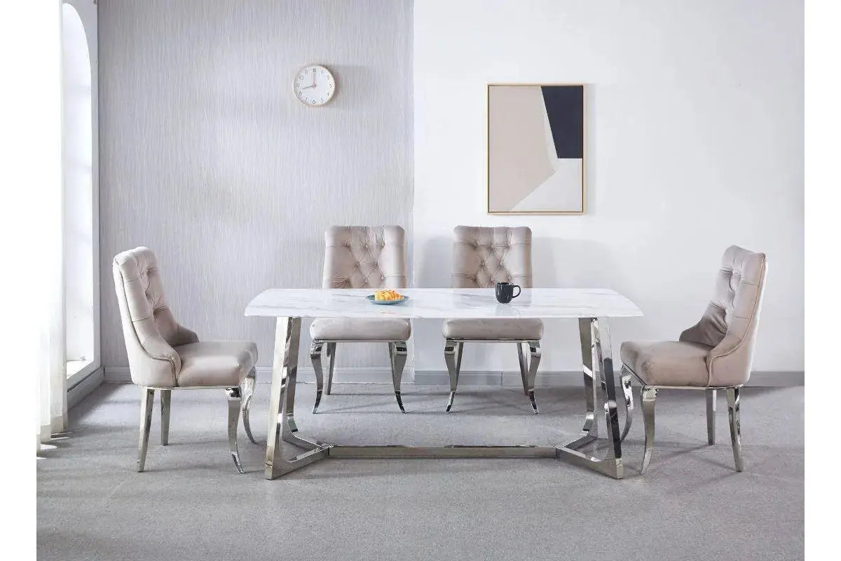 Table à manger rectangulaire design effet marbre blanc et argenté JOHANNA Swedzo-Meuble