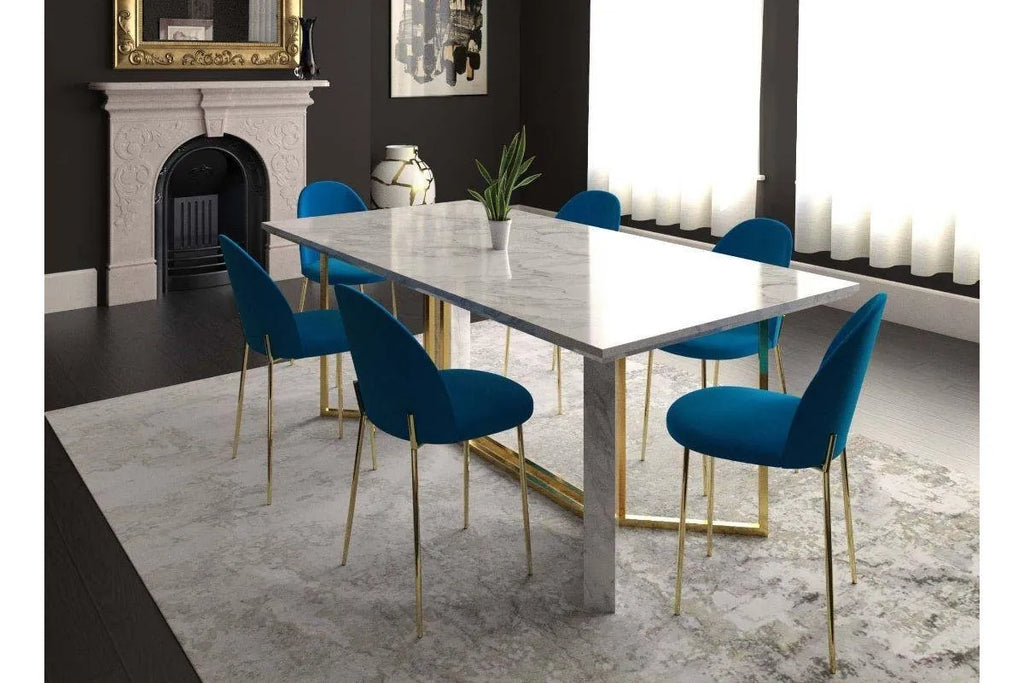 Table é manger rectangulaire design effet marbre blanc et doré ERIKA
