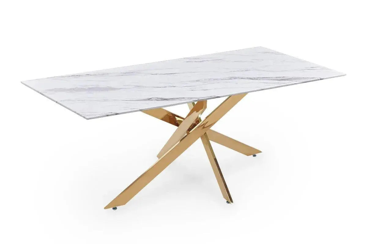 Table à manger rectangulaire design verre marbré et pieds dorés 6 personnes MELISSA Swedzo-Meuble