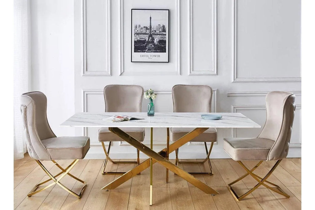 Table é manger rectangulaire design verre marbré et pieds dorés 6 personnes MELISSA