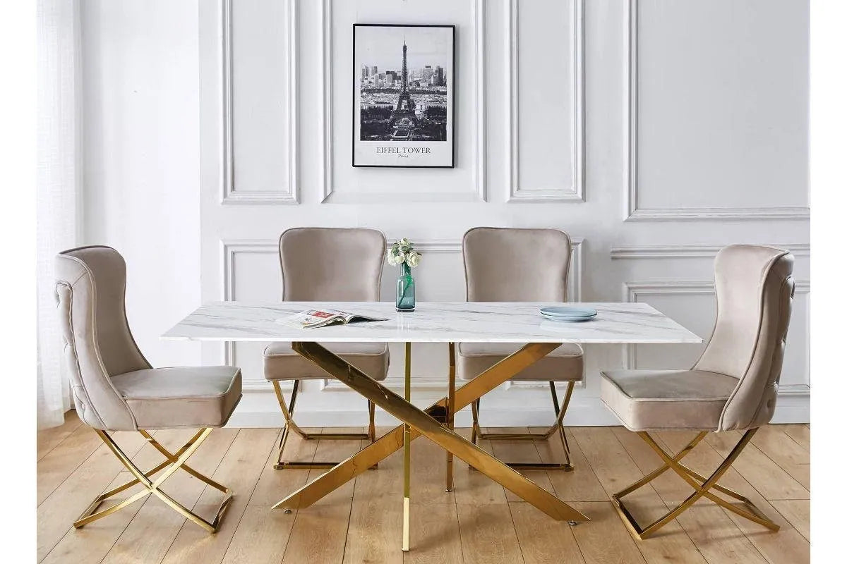 Table é manger rectangulaire design verre marbré et pieds dorés 6 personnes MELISSA