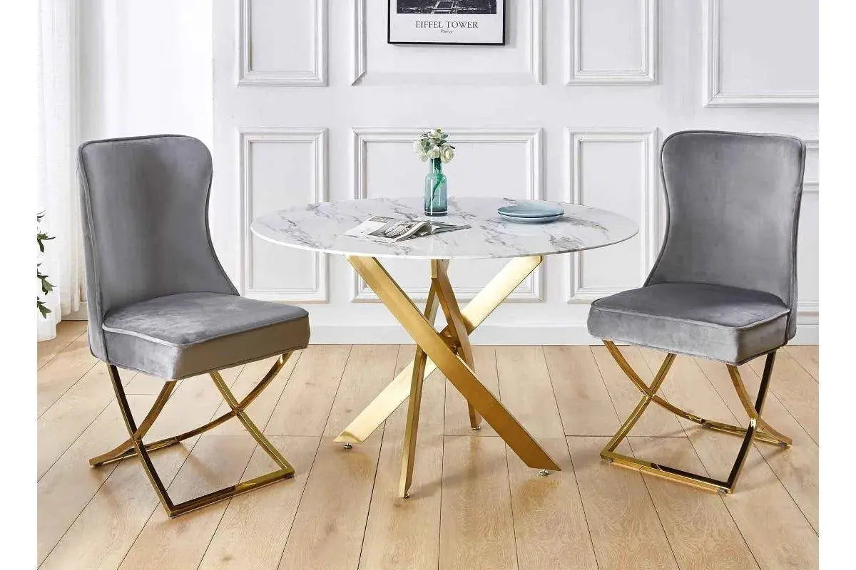 Table à manger ronde design verre marbré et pieds dorés 4 personnes MELISSA Swedzo-Meuble
