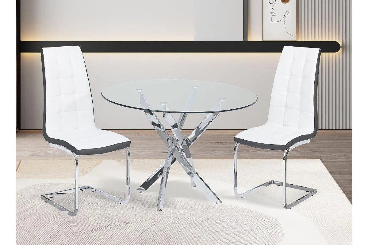 Table é manger ronde en verre pieds argentés JUNE