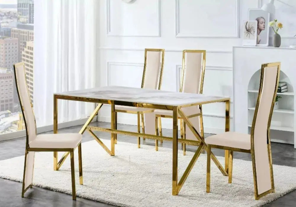 Table et  4 chaise dorée beige marbre beige DIA Swedzo-Meuble