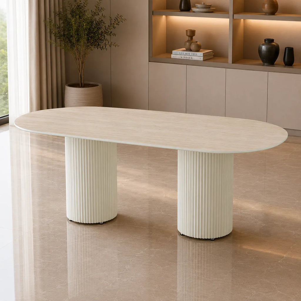 Table A MANGER KEYSHA BEIGE CERAMIQUE TRAVERTIN