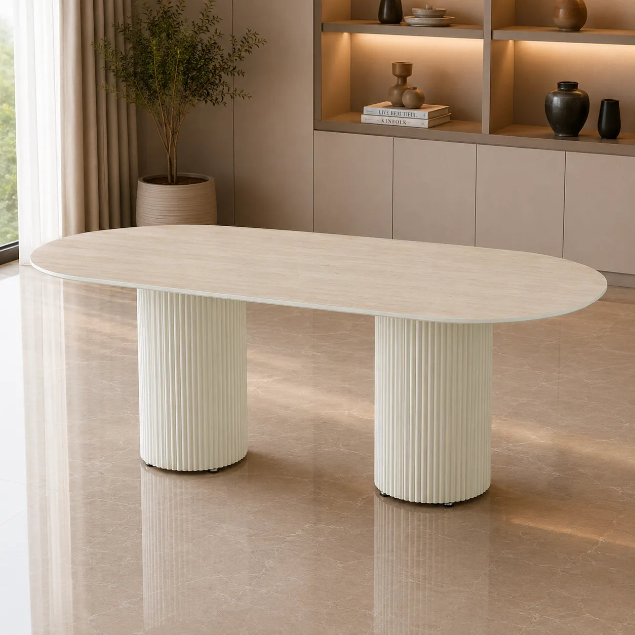 Table A MANGER KEYSHA BEIGE CERAMIQUE TRAVERTIN
