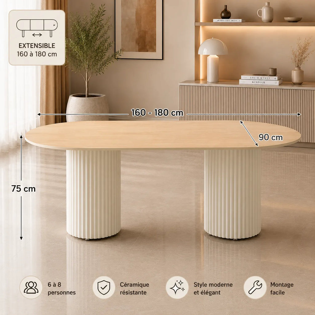 Table A MANGER KEYSHA BEIGE CERAMIQUE TRAVERTIN