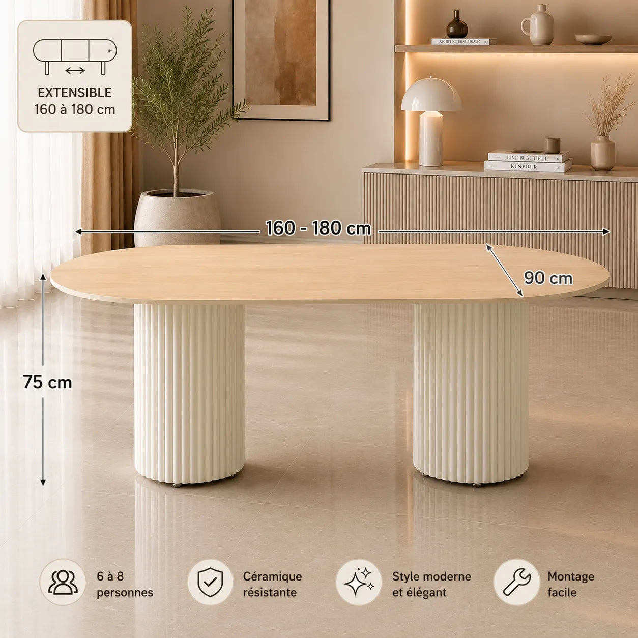 Table A MANGER KEYSHA BEIGE CERAMIQUE TRAVERTIN