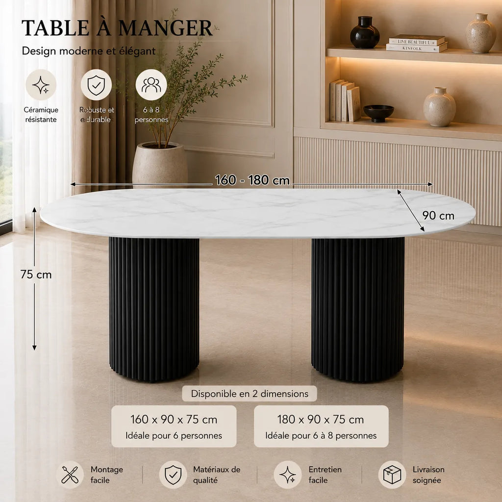 Table A MANGER KEYSHA METAL NOIR CERAMIQUE MOKA 180x90cm