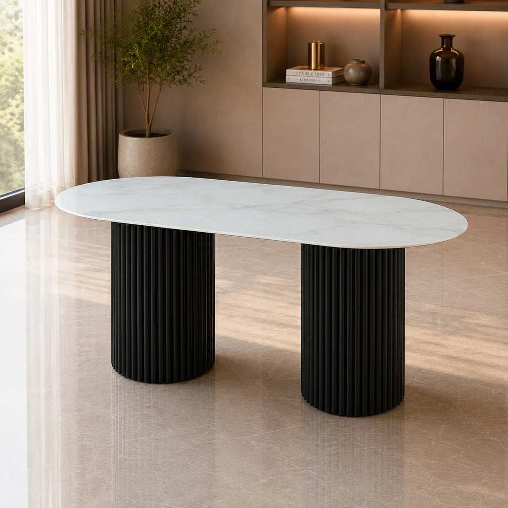 Table A MANGER KEYSHA METAL NOIR CERAMIQUE MOKA 180x90cm