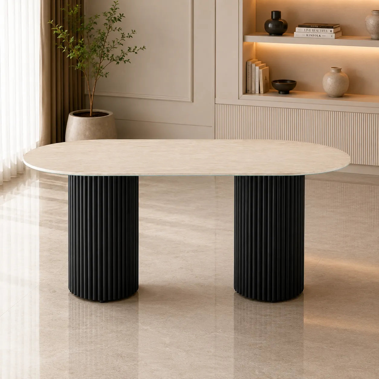 Table A MANGER KEYSHA METAL NOIR CERAMIQUE TRAVERTIN