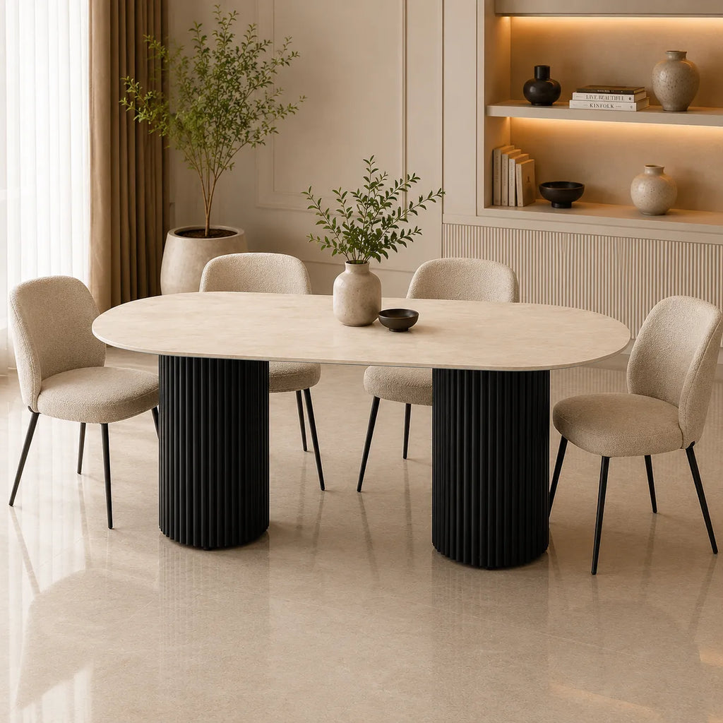 Table A MANGER KEYSHA METAL NOIR CERAMIQUE TRAVERTIN