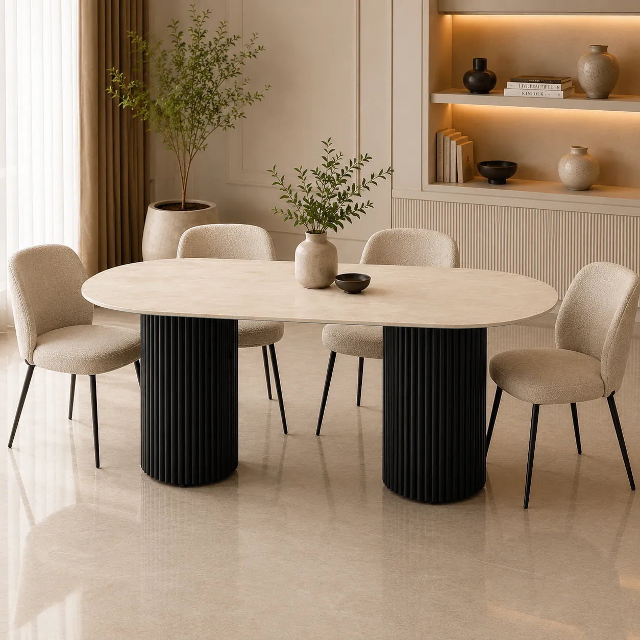 Table A MANGER KEYSHA METAL NOIR CERAMIQUE TRAVERTIN