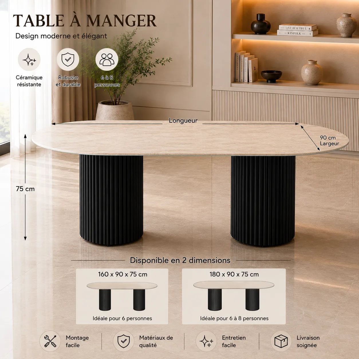 Table A MANGER KEYSHA METAL NOIR CERAMIQUE TRAVERTIN