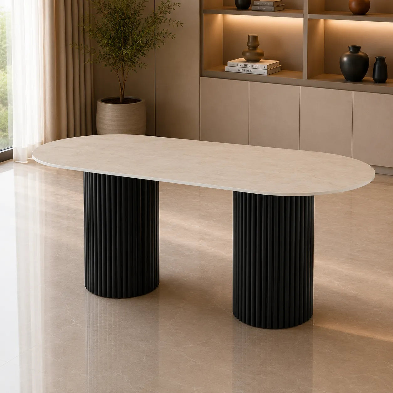 Table A MANGER KEYSHA METAL NOIR CERAMIQUE TRAVERTIN