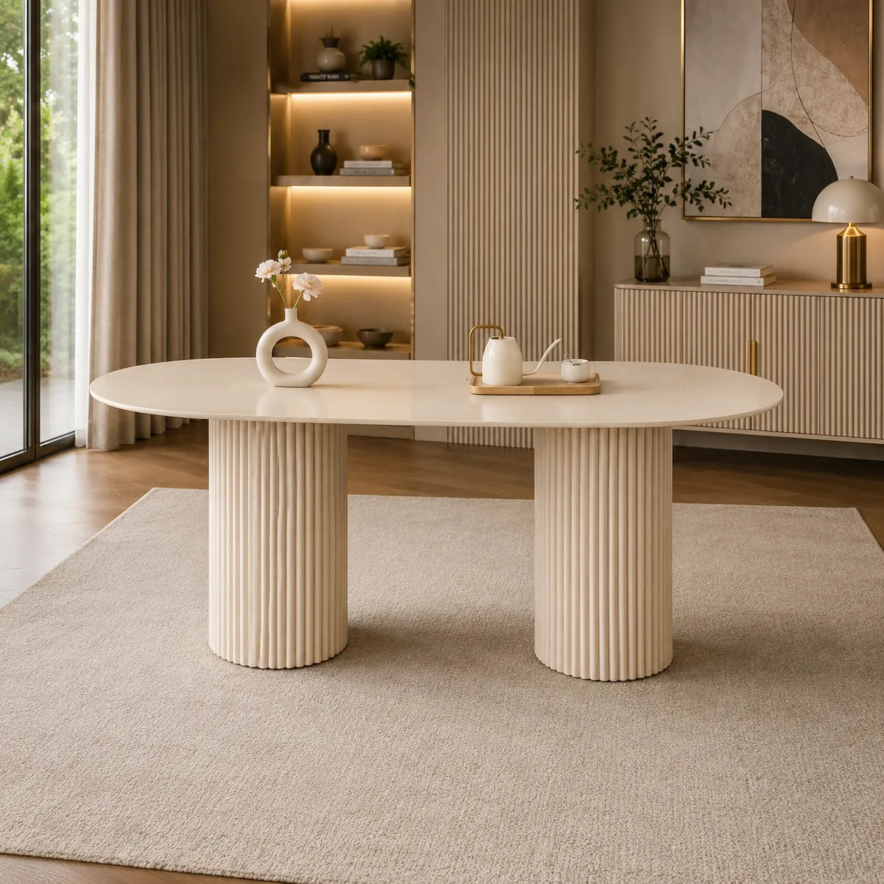 Table A MANGER KEYSHA PIED TRAVERTIN PLATEAU CERAMIQUE TRAVERTIN BRILLANT