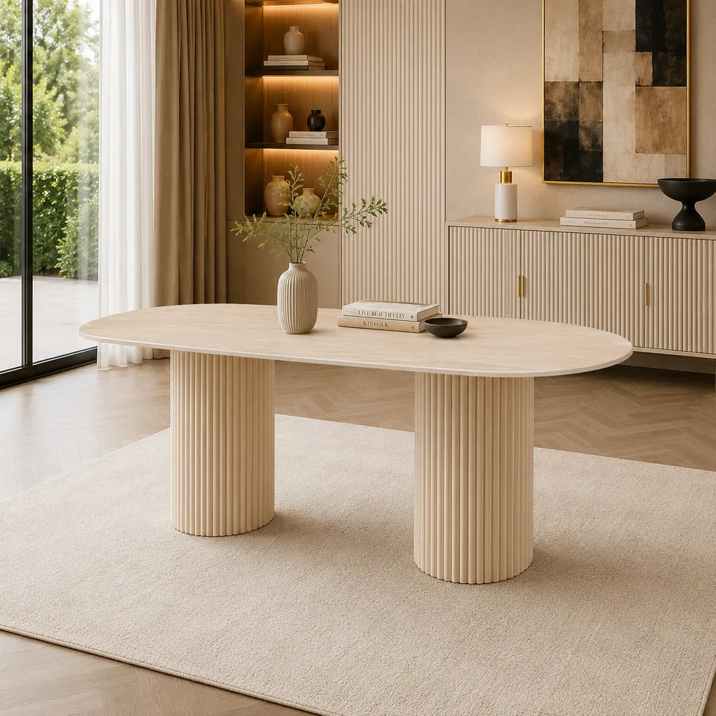 Table A MANGER KEYSHA PIED TRAVERTIN PLATEAU CERAMIQUE TRAVERTIN BRILLANT