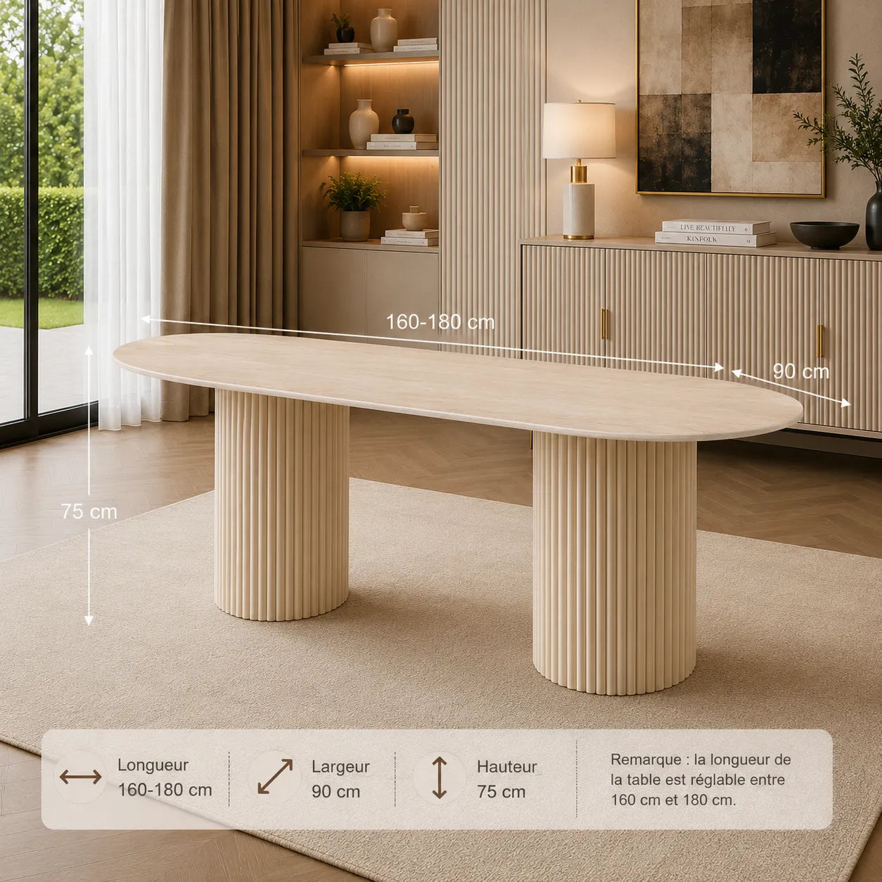 Table A MANGER KEYSHA PIED TRAVERTIN PLATEAU CERAMIQUE TRAVERTIN BRILLANT
