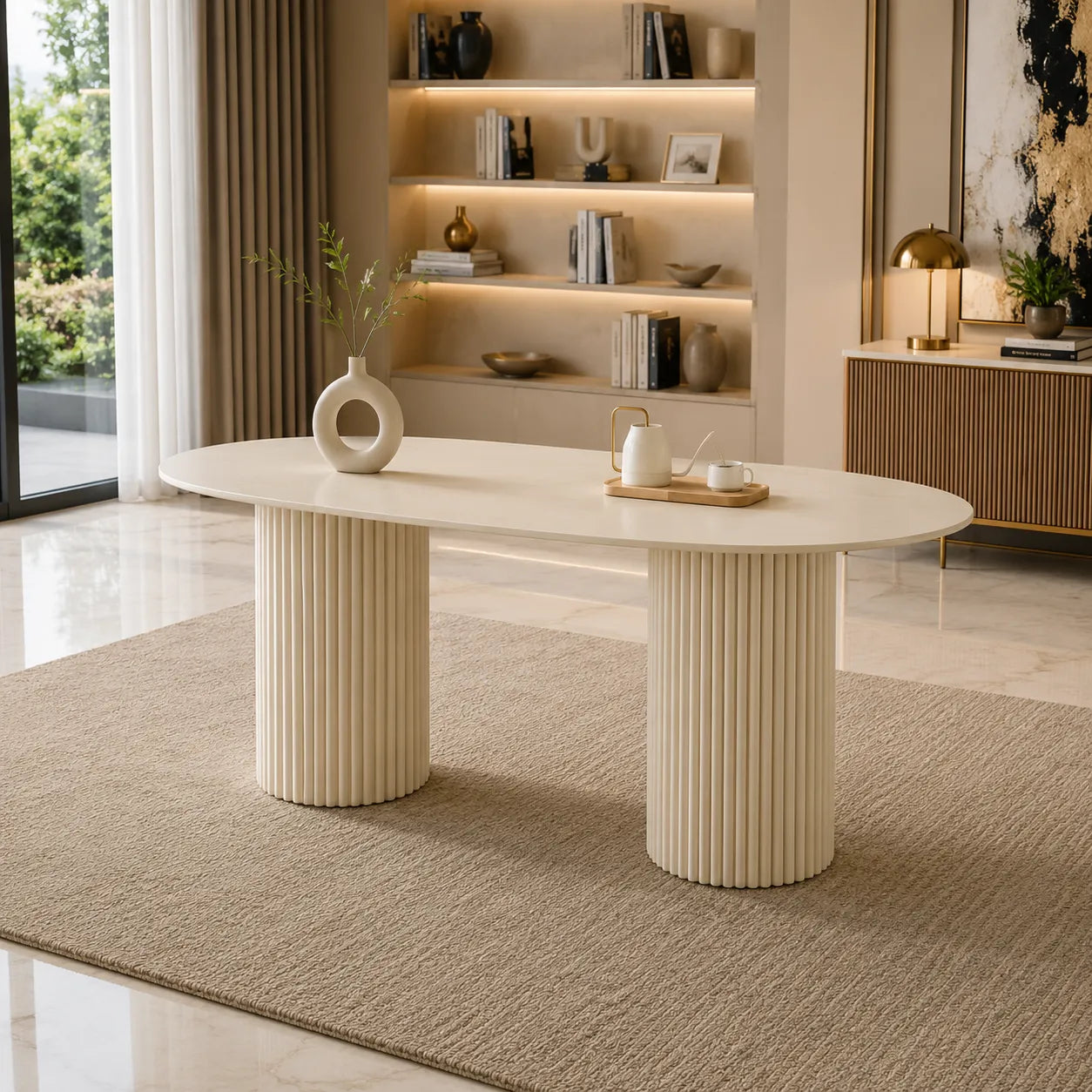 Table A MANGER KEYSHA PIED TRAVERTIN PLATEAU CERAMIQUE TRAVERTIN BRILLANT