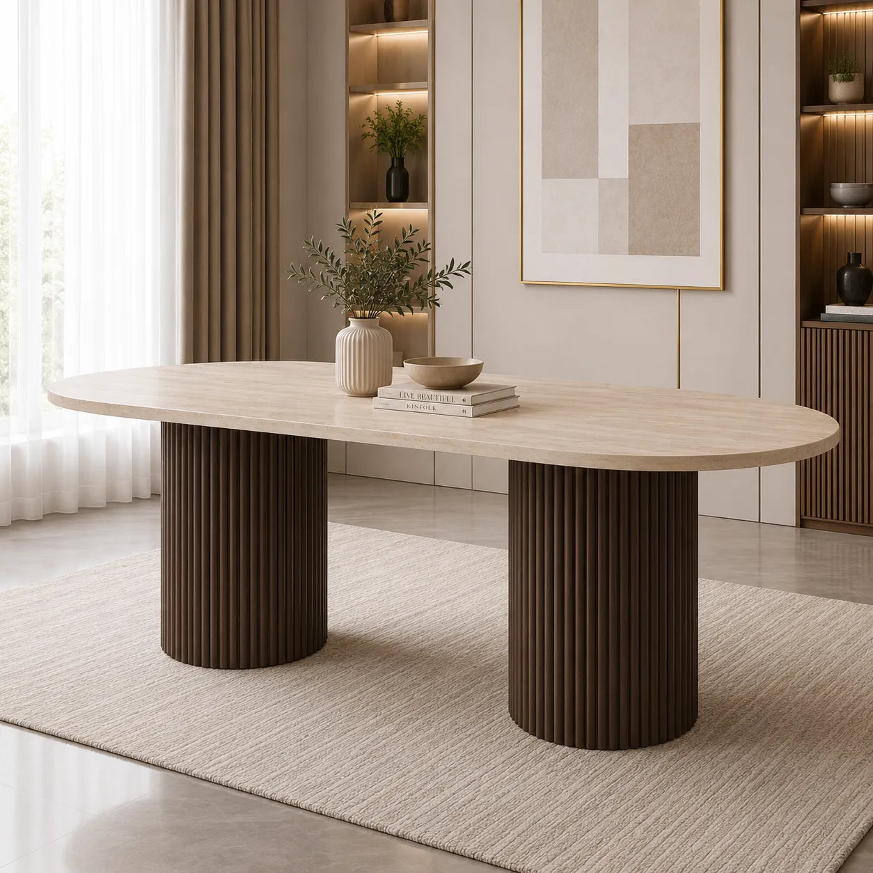 Table A MANGER KEYSHA PIED TRAVERTIN PLATEAU CERAMIQUE TRAVERTIN MAT