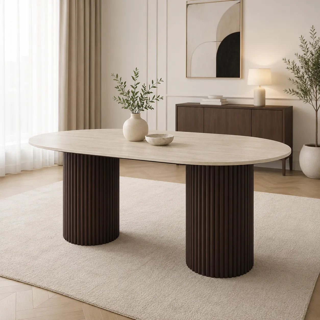 Table A MANGER KEYSHA PIED TRAVERTIN PLATEAU CERAMIQUE TRAVERTIN MAT