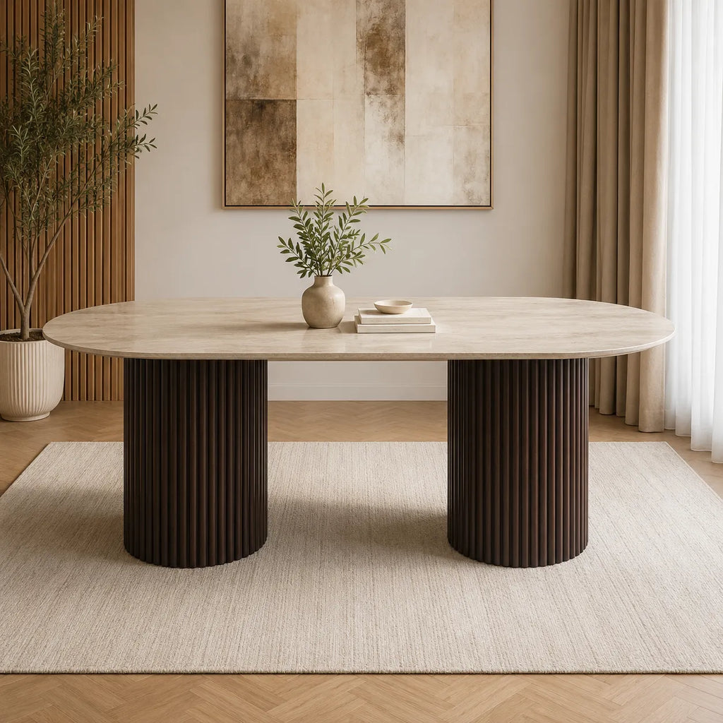 Table A MANGER KEYSHA PIED TRAVERTIN PLATEAU CERAMIQUE TRAVERTIN MAT