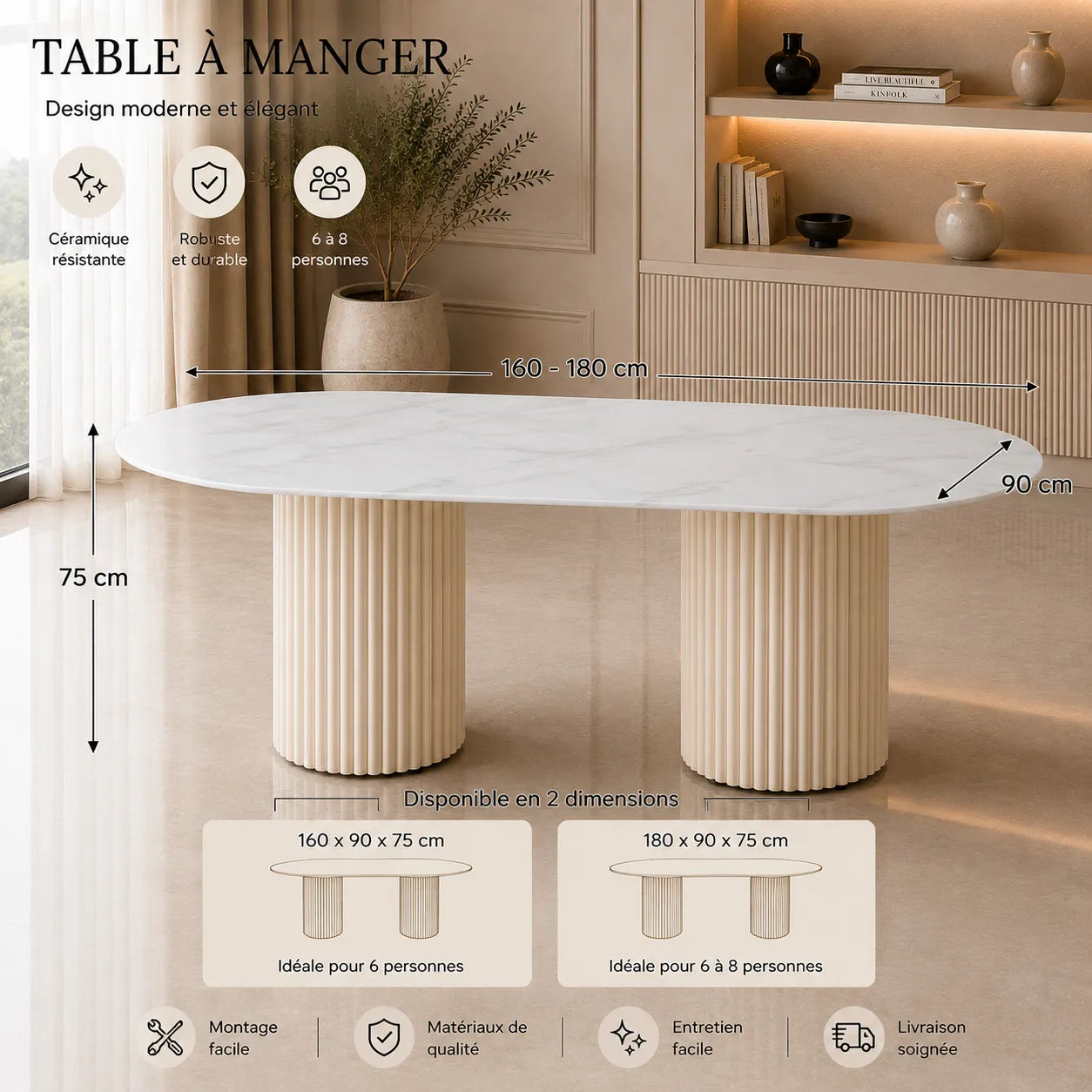 Table A MANGER KEYSHA TRAVERTIN CERAMIQUE MOKA 180x90cm