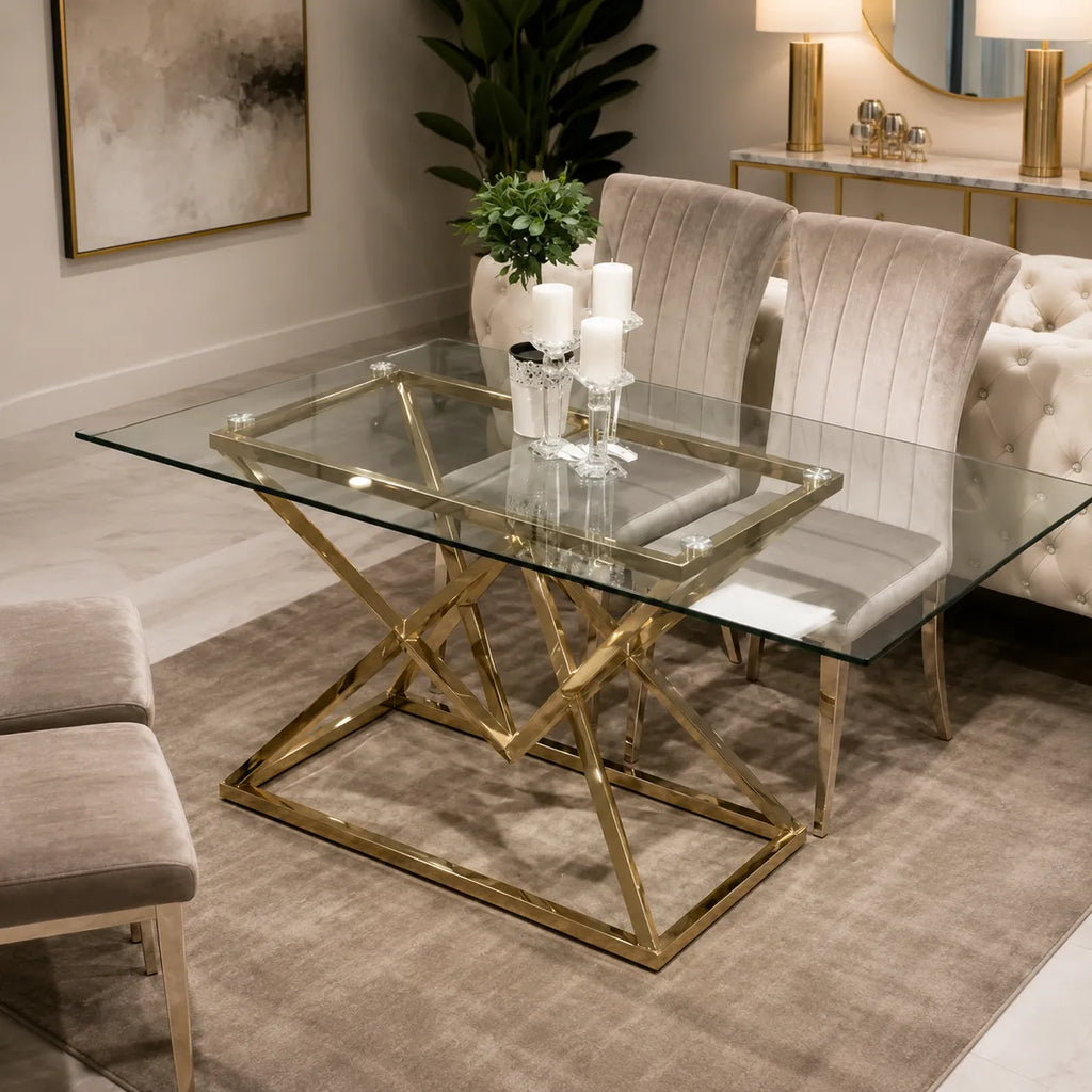 Table A MANGER PYRA TRANSPARENT PIED DORE 150X90