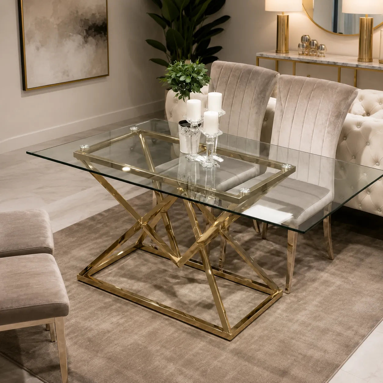 Table A MANGER PYRA TRANSPARENT PIED DORE 150X90