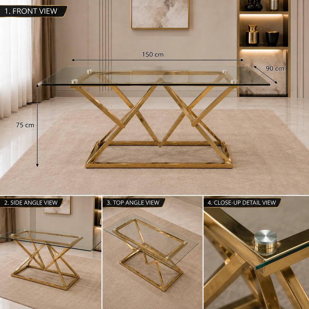 Table A MANGER PYRA TRANSPARENT PIED DORE 150X90