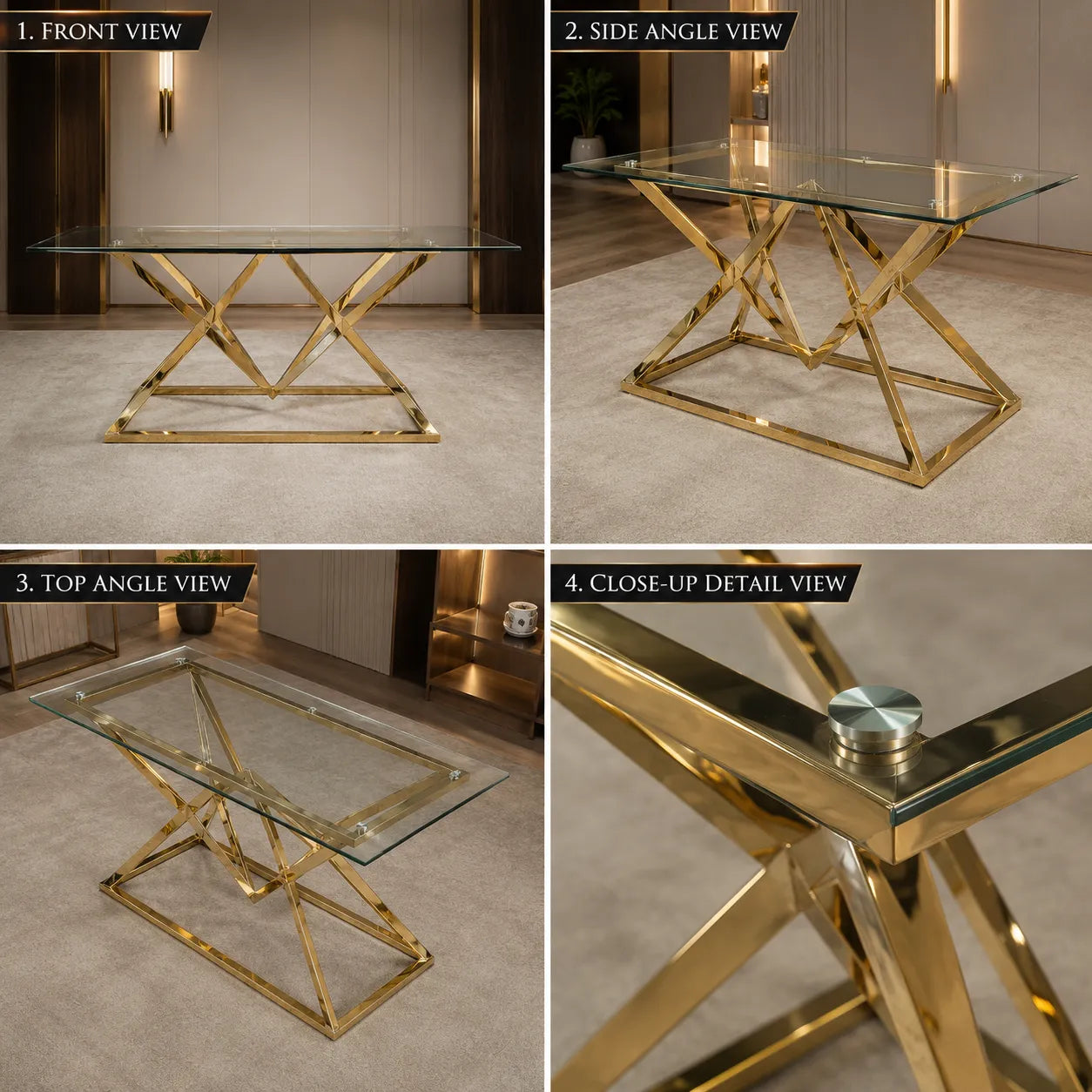 Table A MANGER PYRA TRANSPARENT PIED DORE 150X90