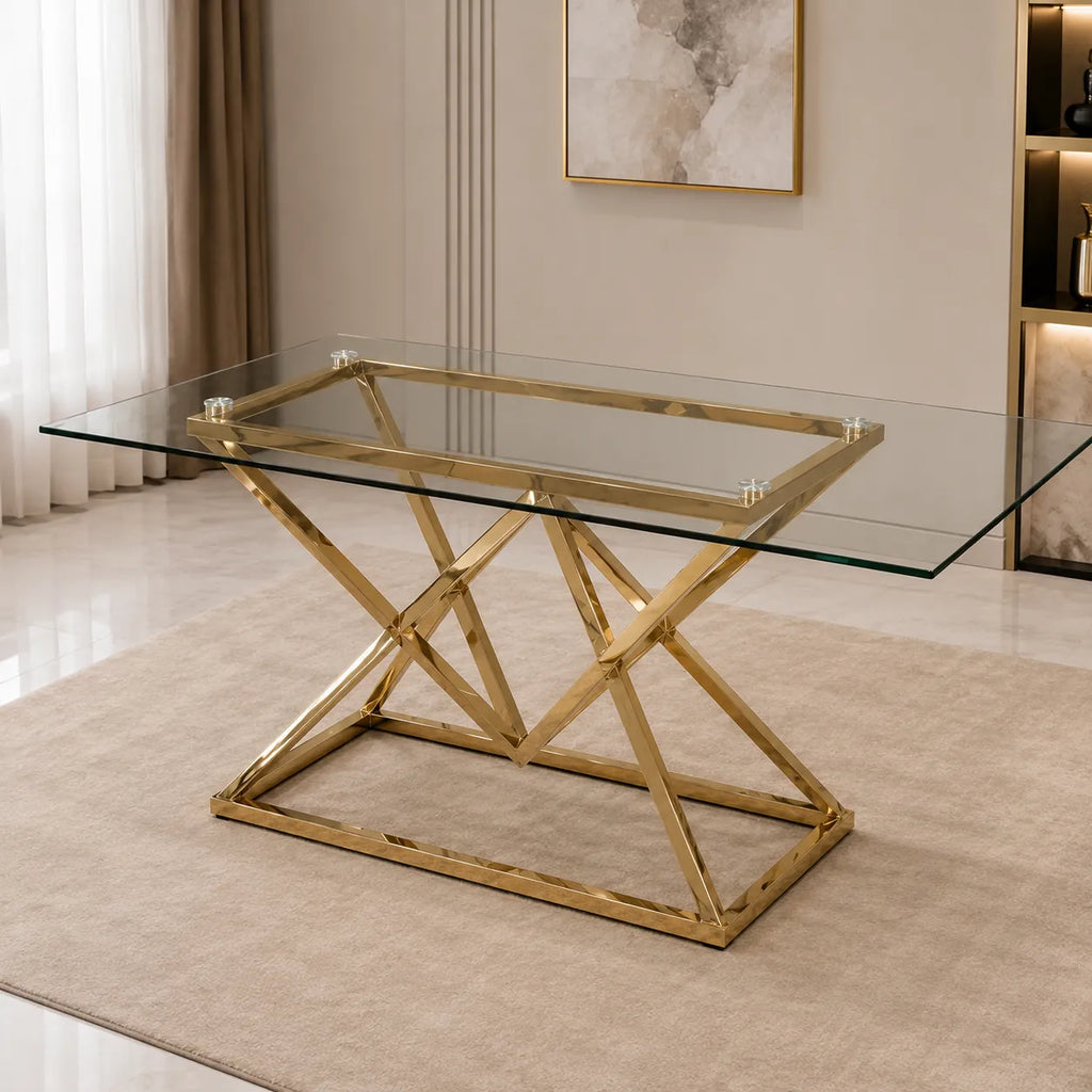 Table A MANGER PYRA TRANSPARENT PIED DORE 150X90