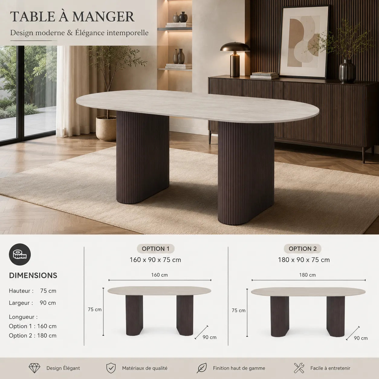Table A MANGER ROXY PIED METAL EFFET NOYER CERAMIQUE TRAVERTIN MAT