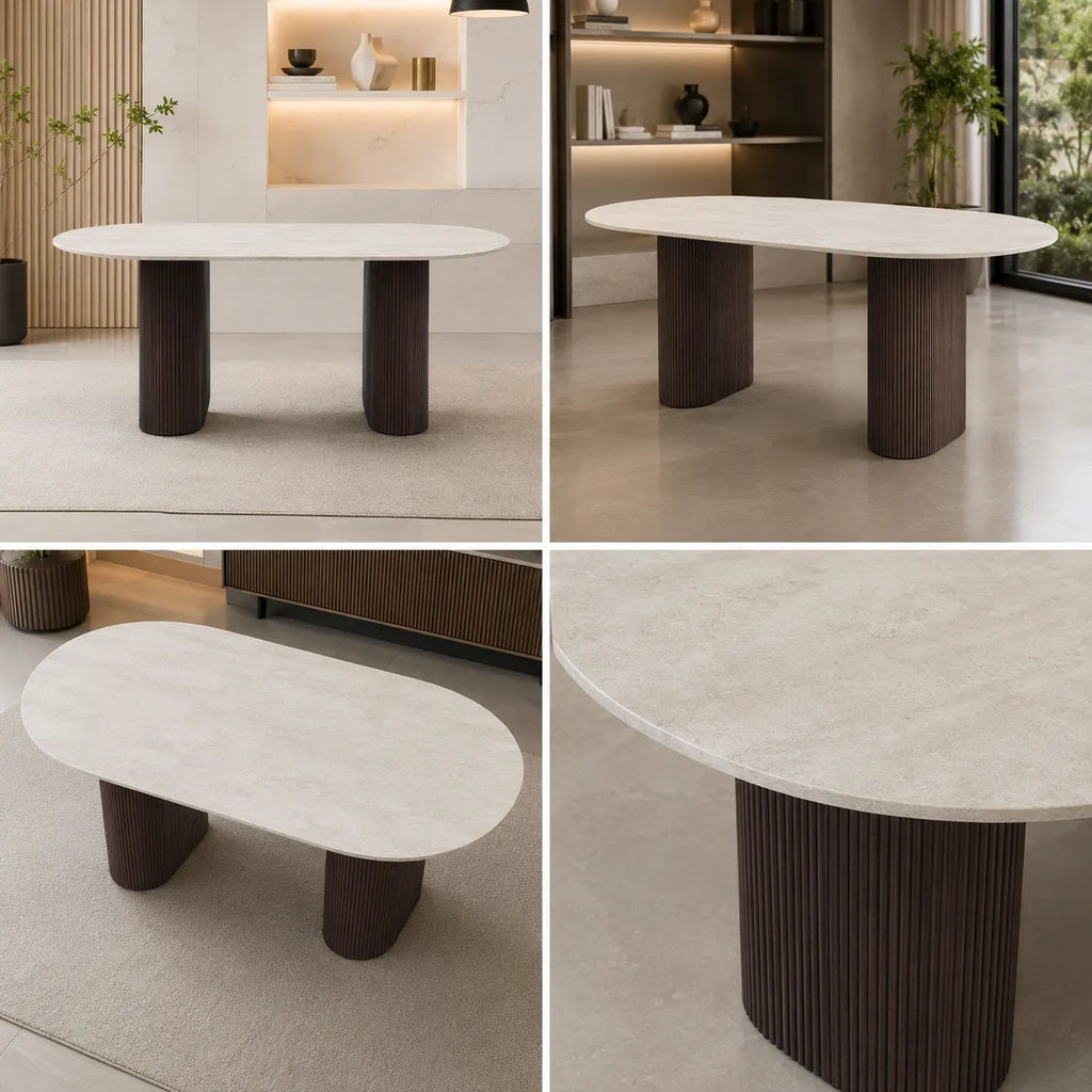 Table A MANGER ROXY PIED METAL EFFET NOYER CERAMIQUE TRAVERTIN MAT
