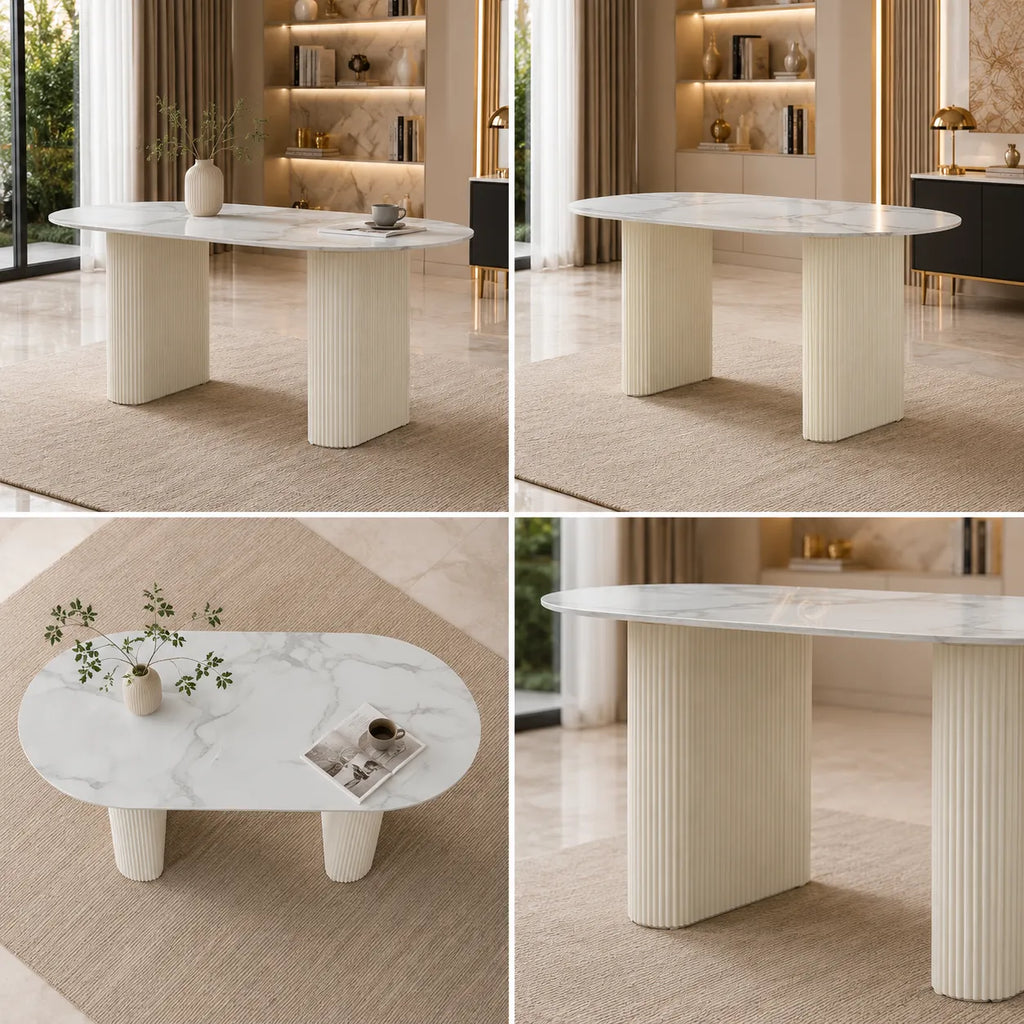 Table A MANGER SELENA PIED BEIGE PLATEAU CERAMIQUE MARBRE BLANC