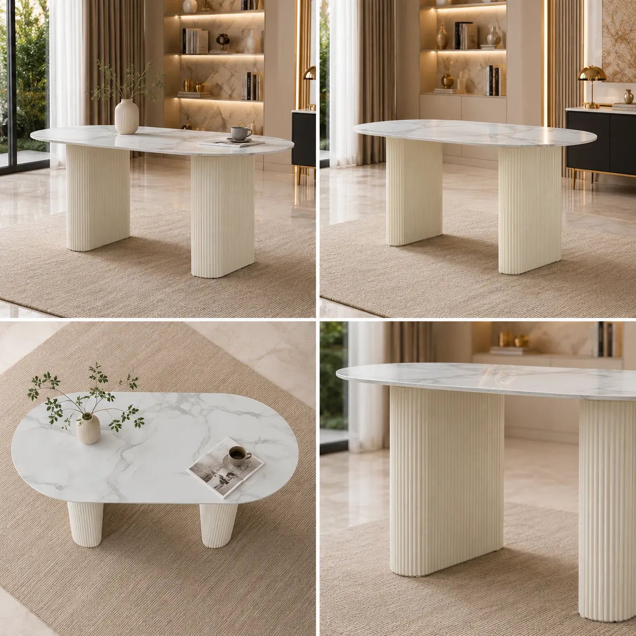 Table A MANGER SELENA PIED BEIGE PLATEAU CERAMIQUE MARBRE BLANC