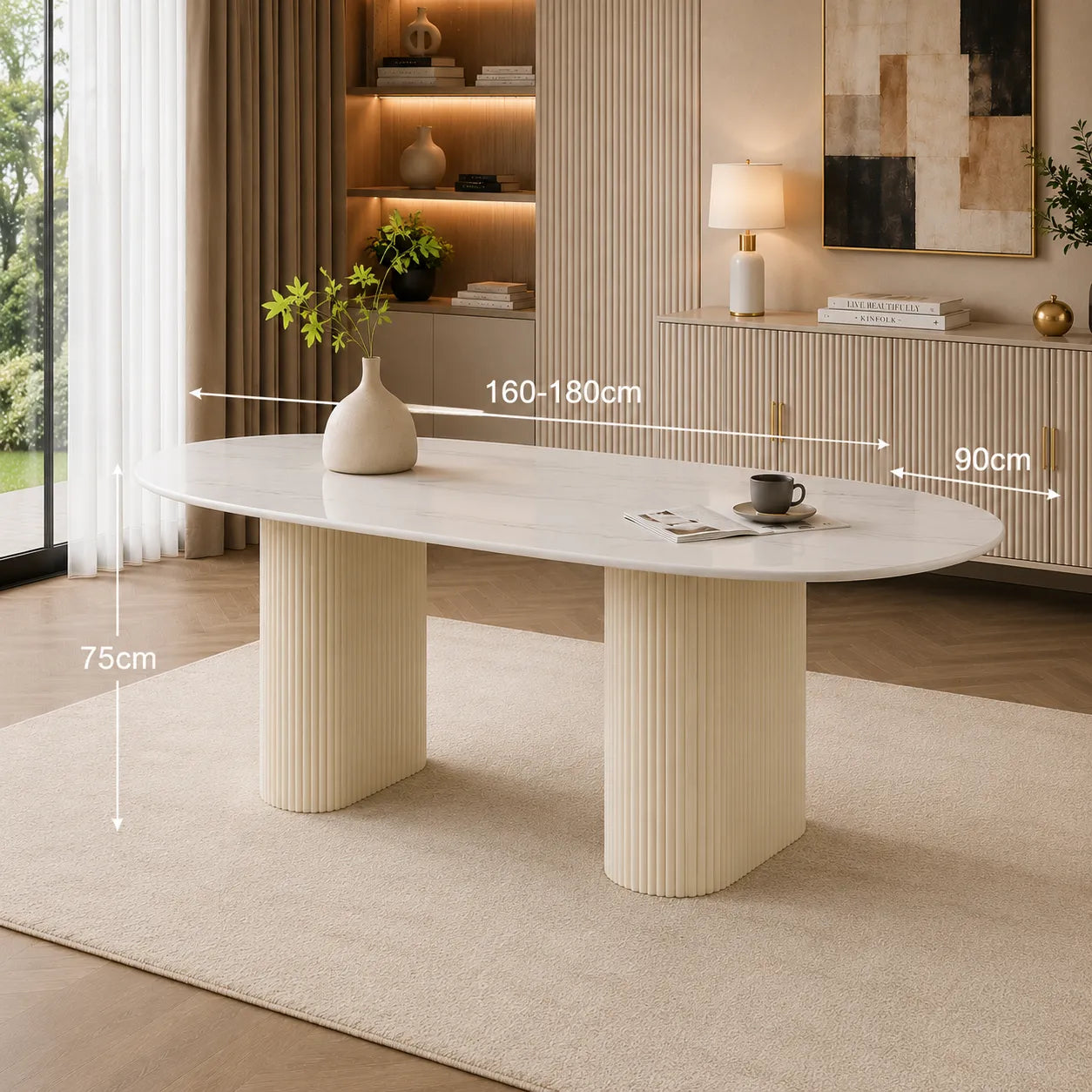 Table A MANGER SELENA PIED BEIGE PLATEAU CERAMIQUE MARBRE BLANC