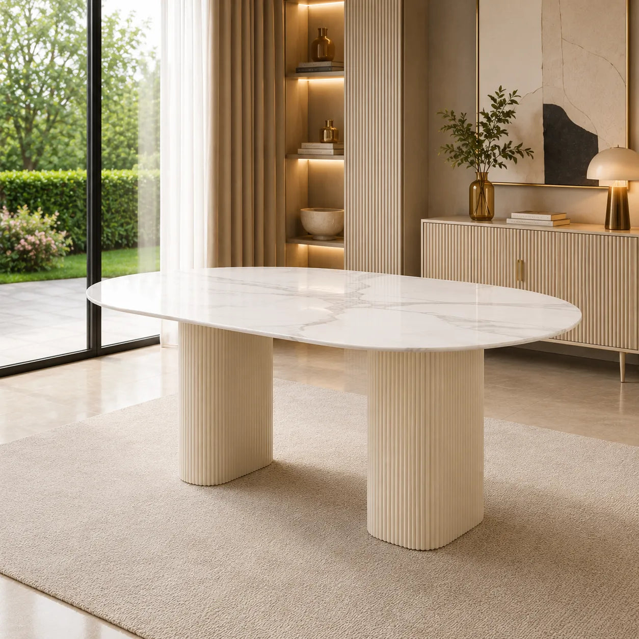 Table A MANGER SELENA PIED BEIGE PLATEAU CERAMIQUE MARBRE BLANC