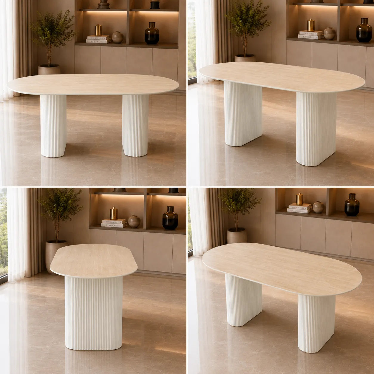 Table A MANGER SELENA PIED BEIGE PLATEAU CERAMIQUE TRAVERTIN MAT 180x90cm