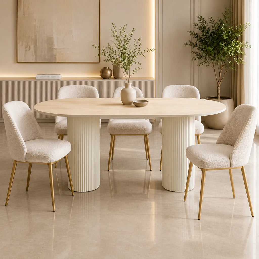 Table A MANGER SELENA PIED BEIGE PLATEAU CERAMIQUE TRAVERTIN MAT 180x90cm