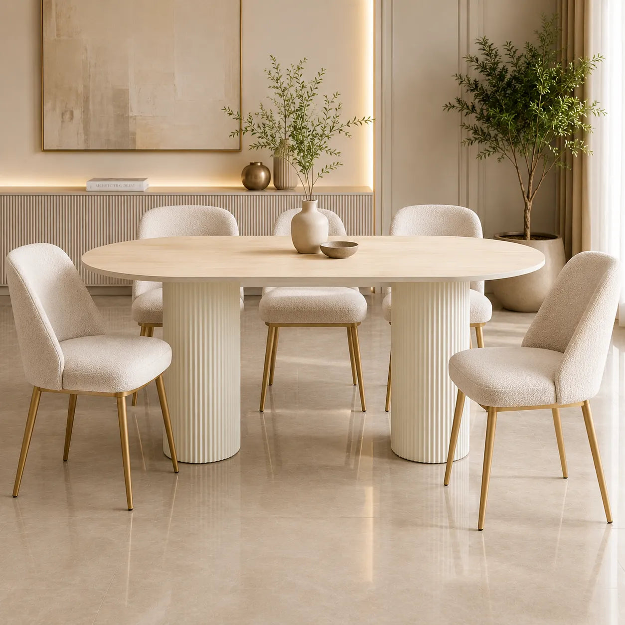 Table A MANGER SELENA PIED BEIGE PLATEAU CERAMIQUE TRAVERTIN MAT 180x90cm