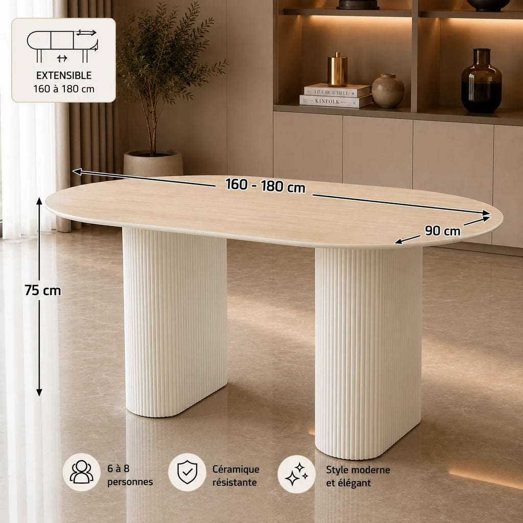 Table A MANGER SELENA PIED BEIGE PLATEAU CERAMIQUE TRAVERTIN MAT 180x90cm