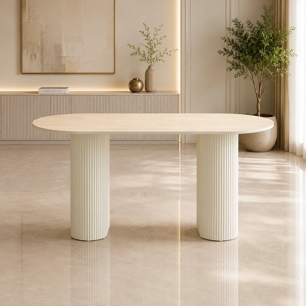 Table A MANGER SELENA PIED BEIGE PLATEAU CERAMIQUE TRAVERTIN MAT 180x90cm