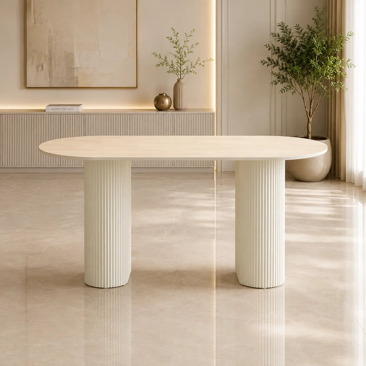 Table A MANGER SELENA PIED BEIGE PLATEAU CERAMIQUE TRAVERTIN MAT 180x90cm