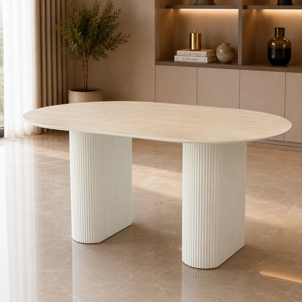 Table A MANGER SELENA PIED BEIGE PLATEAU CERAMIQUE TRAVERTIN MAT 180x90cm