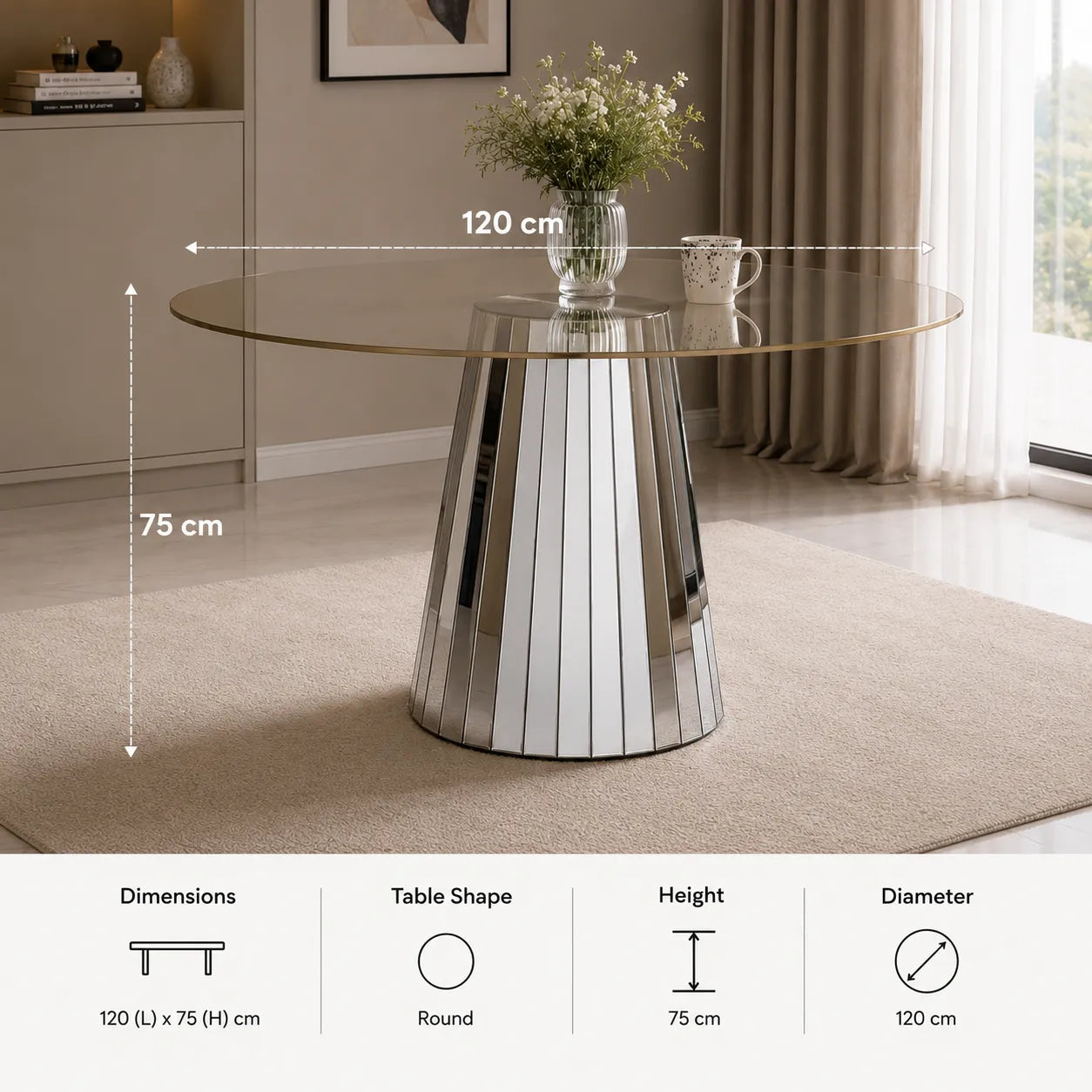 Table Disco 120x75cm Miroir Gris Plateau Transparent
