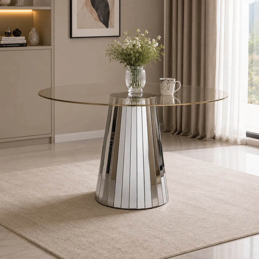Table Disco 120x75cm Miroir Gris Plateau Transparent