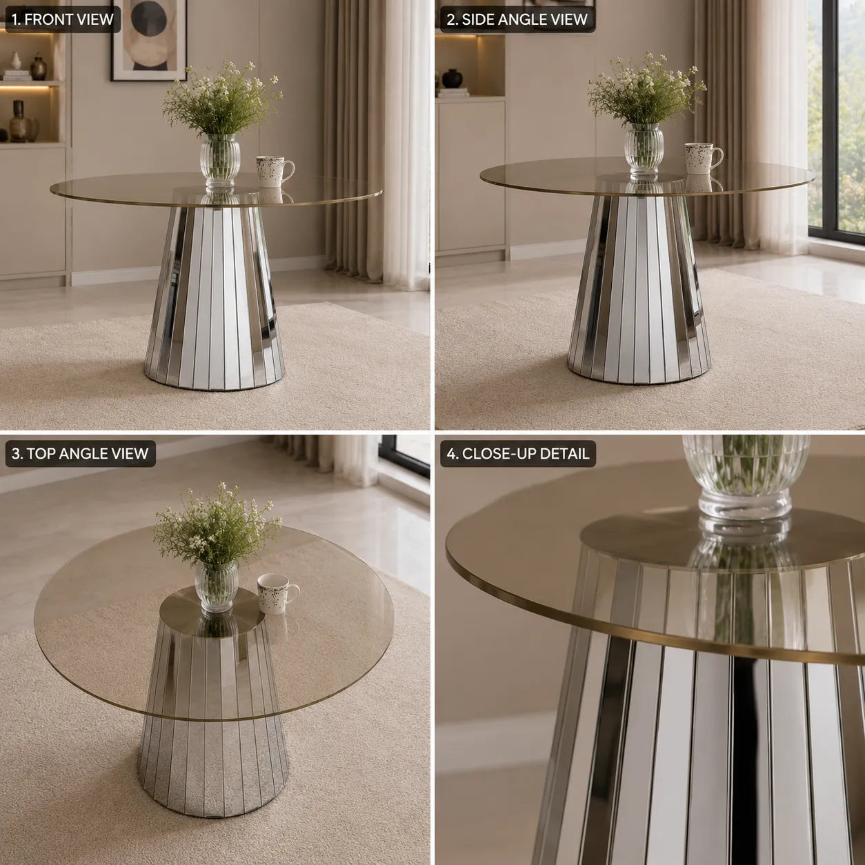 Table Disco 120x75cm Miroir Gris Plateau Transparent