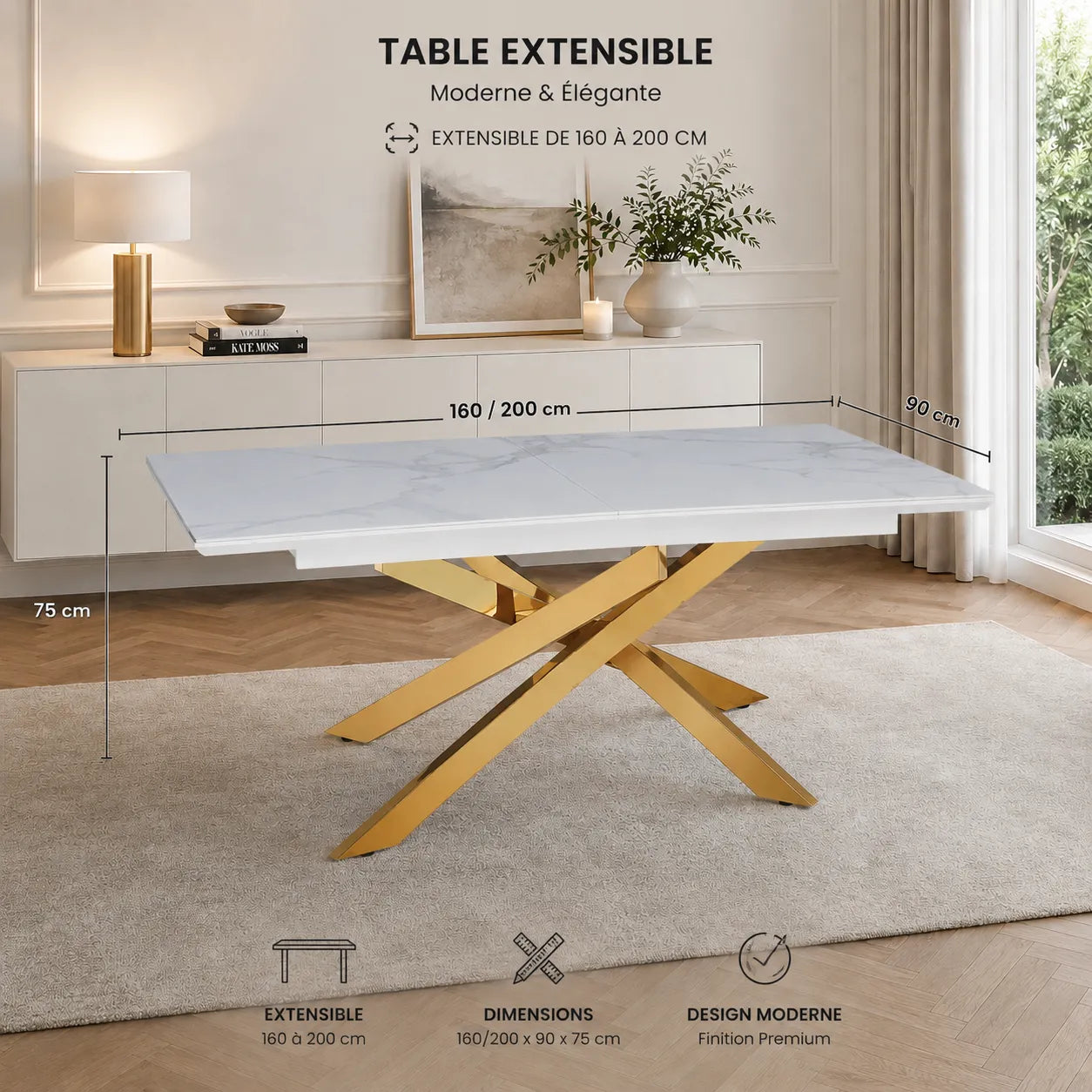 Table Extensible Agathe Pieds Dore 160/200